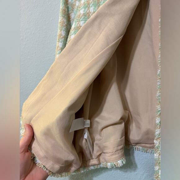 Ann Taylor NWT Mint Green, White & Tan Tweed Fringe Trim Jacket 16 - Picture 4 of 6